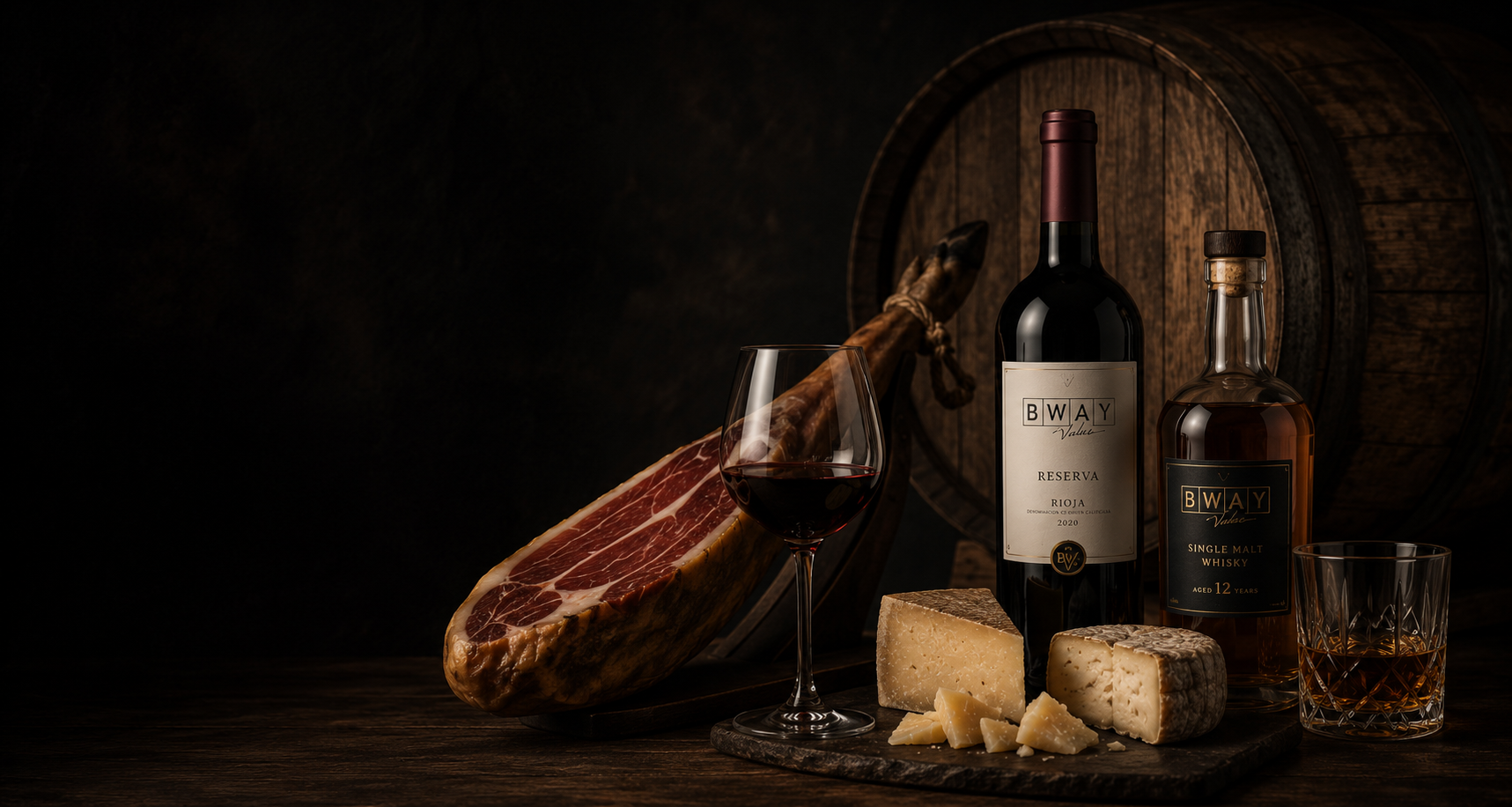 Selección BWAY de vino, destilado, jamón y queso